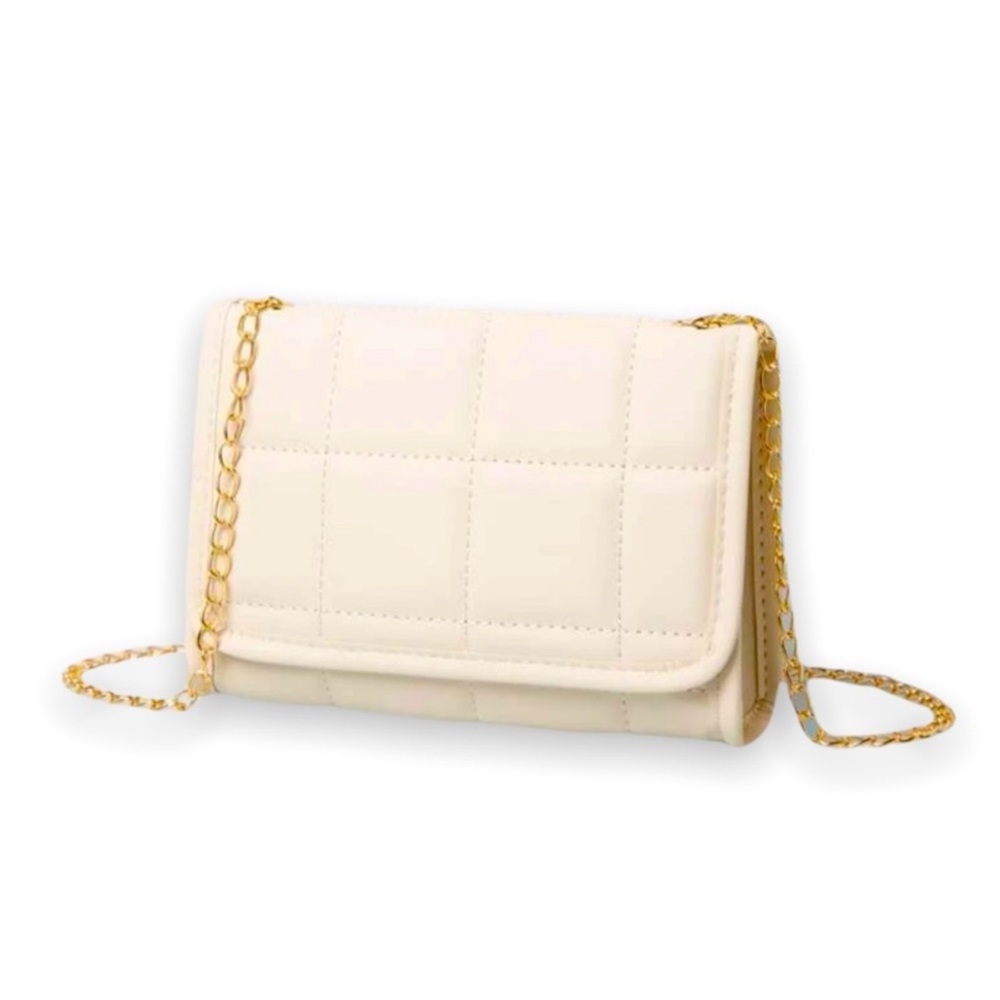New Boho Plaid Quilted Cream Beige Faux Leather Flap Chain Square Crossbody Bag - Picture 4 of 16